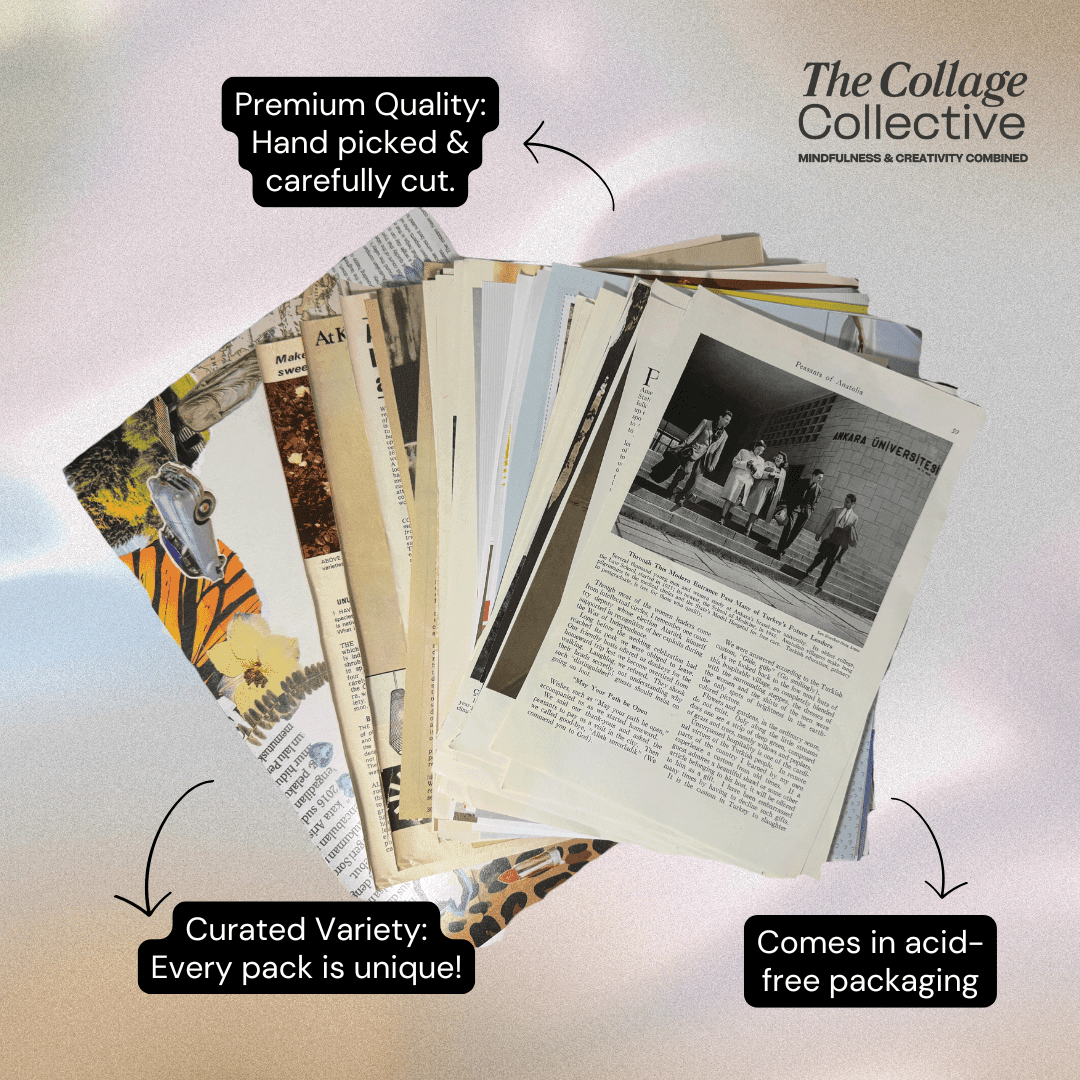 Collage Art Pack featuring 50–70 carefully curated cut-outs from vintage and modern magazines, neatly arranged on a white background.